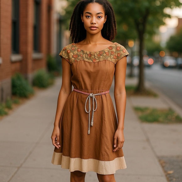 Conditions Apply Dresses & Skirts - Anthropologie Conditions Tan Silk Blend Fit And Flare Embroidered Neckline Dress